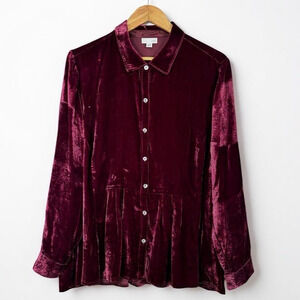 J. Jill Top Velvet Button Up XL Petite Silk Rayon Collar Burgundy Luxury Vampire